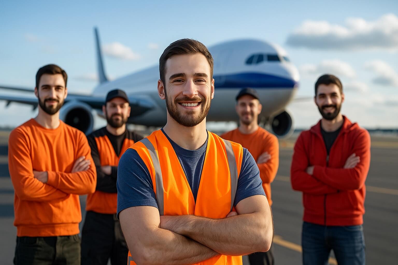 header image of 5 men infront of a plane