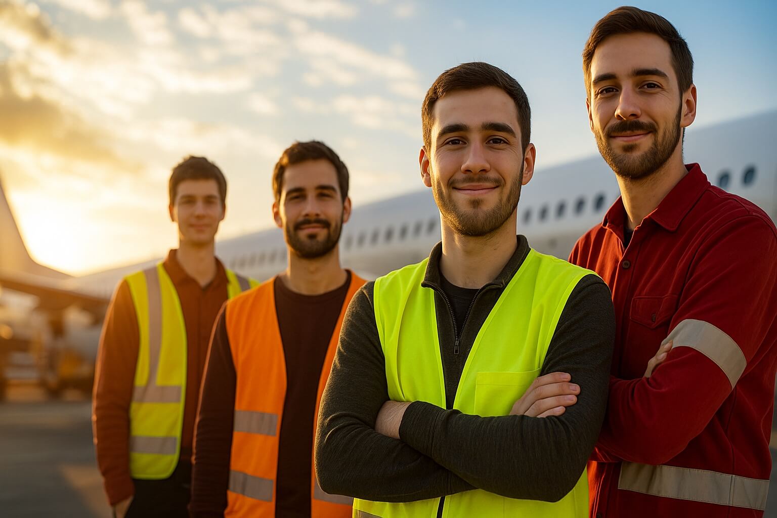 header image of 5 men infront of a plane